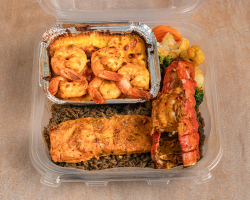 Saumon + Homard + Crevette + Riz Djondjon + Mini-Mac & Cheese + Brocoli Sauté