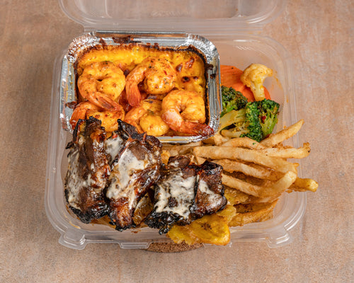 Honey Garlic Lambchops (3) + Frite + Plantain + Mini-Mac & Cheese + Brocoli Sauté + Aïoli/White Sauce